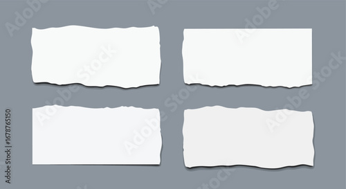 Four blank torn paper pieces arranged on a clean grey background for creative projects