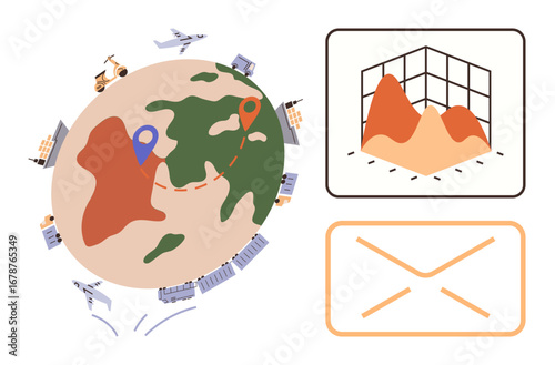 Globe with transport modes, shipping routes, 3D data graph, and an envelope. Ideal for logistics, business communication, global trade, shipping, data analysis networking simple flat metaphor