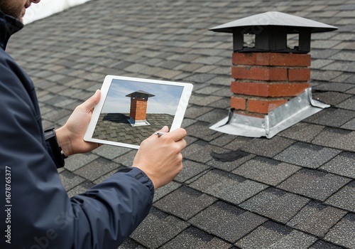 A person on a rooftop holding a tablet displaying an image of a chimney, while inspecting the actual chimney.