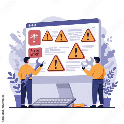 Computer Screen Displaying Error Messages with Warning Icons and Two Technicians Fixing Issues