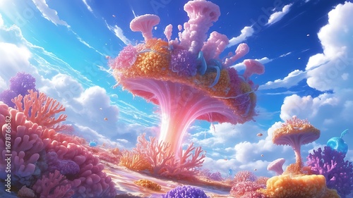 Whimsical underwater world with vibrant coral formations and a surreal, glowing mushroom-like structure under a cloudy sky.