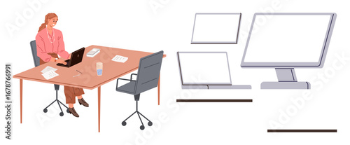 Woman at desk using laptop, beside papers, glass, chair, and screens. Ideal for technology, work productivity, remote jobs, study modern offices multitasking simple flat metaphor