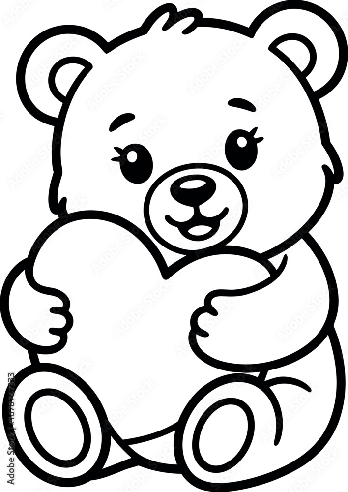 Obraz premium Cute cartoon bear holding heart shaped cushion black and white outline