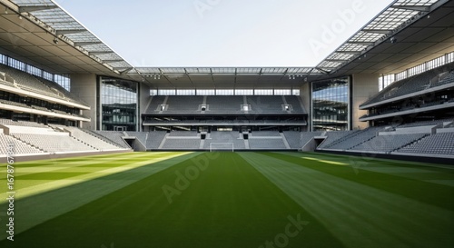 Modern empty stadium with fresh green field and grandstands under clear sky sports arena architecture venue waiting for game event