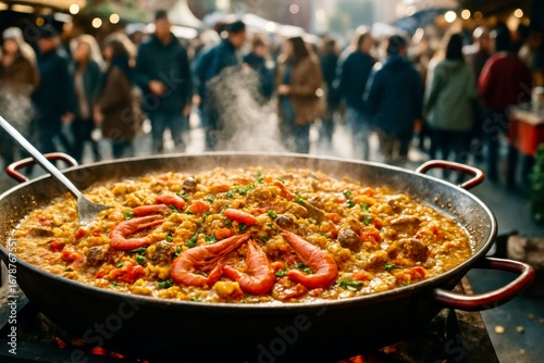 Large pan of steaming paella with shrimp at a street market, crowd blurred in the background; vibrant Spanish cuisine scene.