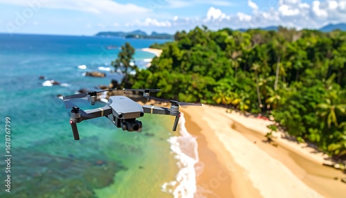 Drone flying over tropical beach