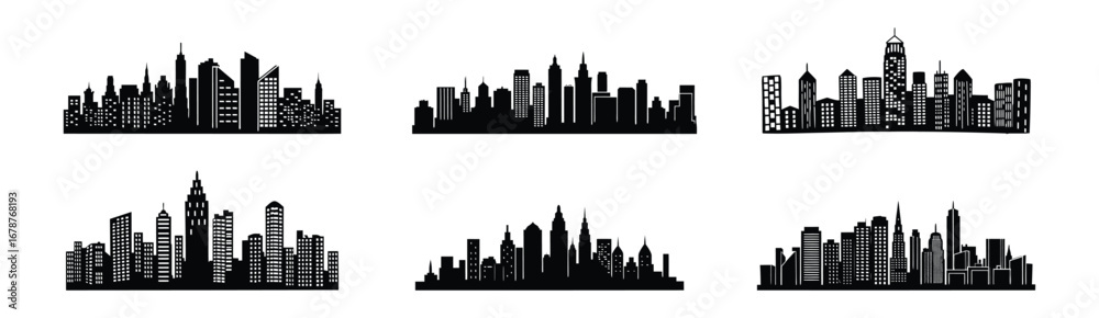 Obraz premium Six Unique Urban Cityscape Silhouettes Set Against a White Background Visual.