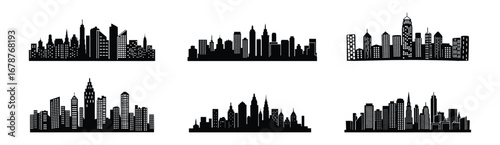 Six Unique Urban Cityscape Silhouettes Set Against a White Background Visual.