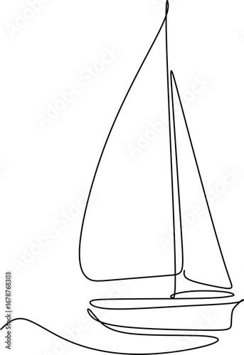 Linear abstract drawing of a beautiful sailboat drawn in one line