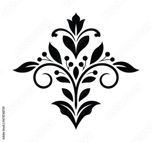 Black floral ornamental design with leaves and berries