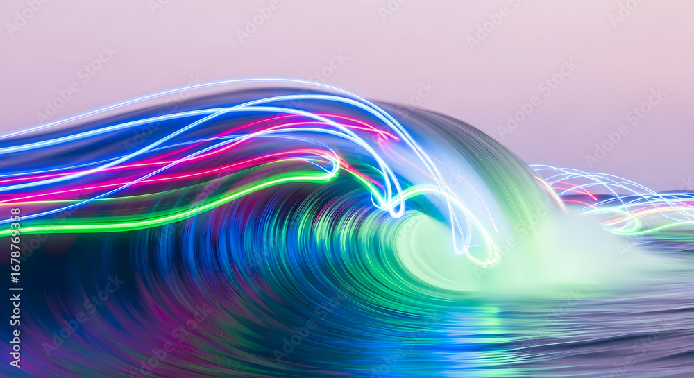 Fototapeta premium Dynamic Neon Light Trails Illuminate a Powerful Ocean Wave at Sunset, Abstract Energy Concept