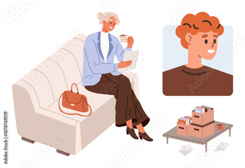 Elderly woman sitting on couch reading paper, with young mans portrait inset and documents in boxes on table. Ideal for communication, family, organization, memory, relationships, nostalgia