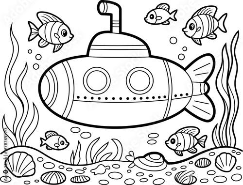Submarine undersea world with fishes and shells coloring page template