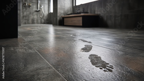 Waterproof vinyl planks flooring concept. Footprints on a polished floor in a modern bathroom setting. © Iamflow2468