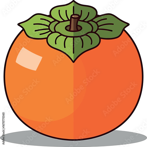 Vector vector art of a ripe orange persimmon with a green calyx, isolated on a transparent background