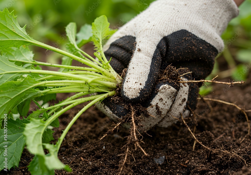 Obraz premium Close-up of gloved hands carefully transplanting a young plant into soil.