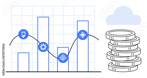 Bar chart marked with seasonal icons and trend line emphasizing growth, next to coin stack and cloud. Ideal for business analytics, financial planning, economics, growth tracking, weather impact