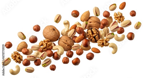 nuts isolated on white background , walnuts pistachios almonds cashews hazelnuts peanut