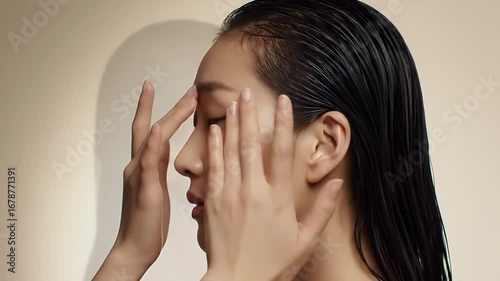 Side View of Asian Woman Gently Touching Face with Wet Hair in Neutral Background Perfect for Skincare Advertising and Tutorials that Showcase Self Care and Natural Beauty