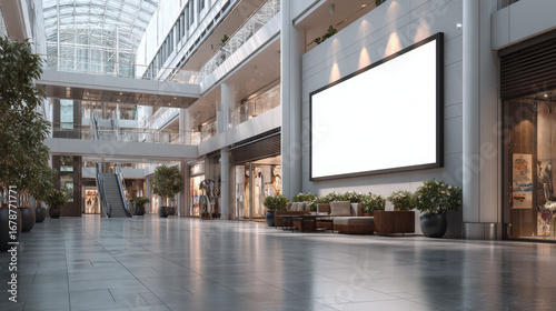 Large blank billboard mockup for advertising in modern shopping mall. spacious, empty interior provides clean, bright commercial space for marketing and brand promotion