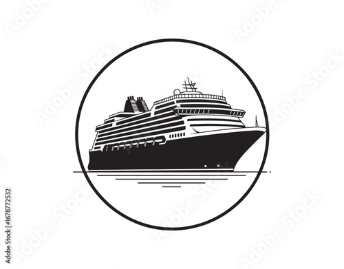 Graphic icon of a sea ship. A cruise liner sign enclosed in a circle, set against a white background. Symbol of a marine voyage. Vector illustration.