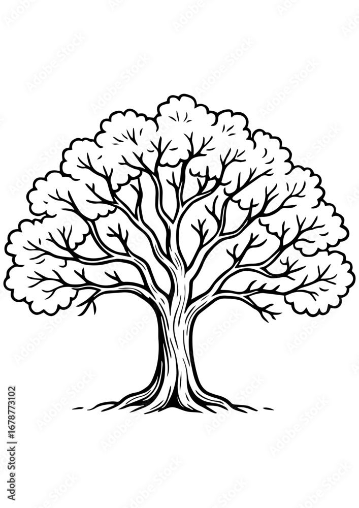 Fototapeta premium Black and white vector illustration of an elegant tree with leaves, perfect for engraving, prints, tattoos, and creative projects