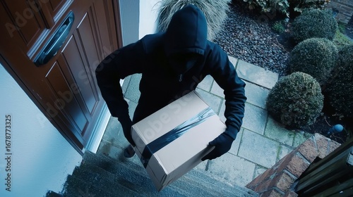 CCTV footage capturing a thief in action while stealing a parcel from a residence.