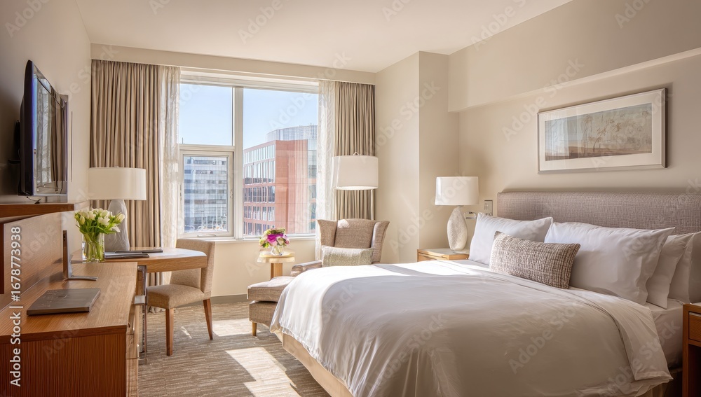 Fototapeta premium Bright, spacious hotel room with city view