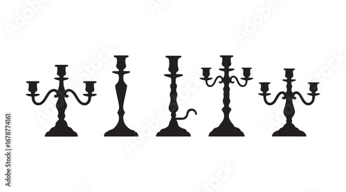 A set of black silhouettes showcasing different candlestick shapes, minus the candles, vector illustration, original artwork

