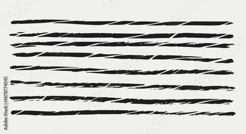 A series of roughly parallel, horizontal black brushstrokes or lines on a textured, off-white background.