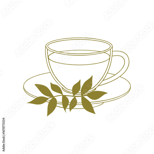 An isolated porcelain mug with hot black coffee and green tea leaves on a white saucer vector art line art illustration on white background