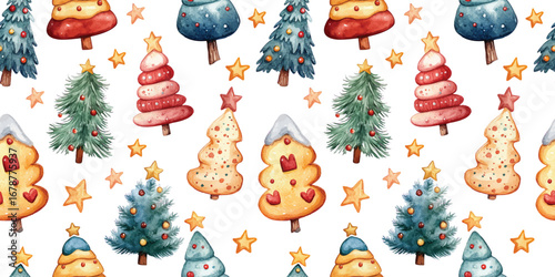 Watercolor Christmas pine fir trees seamless pattern background fabric repeated tile wallpaper or greeting cards design