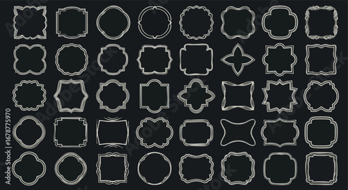 A collection of forty different decorative frame designs, each with unique shapes and ornate borders, arranged in rows on a dark background.