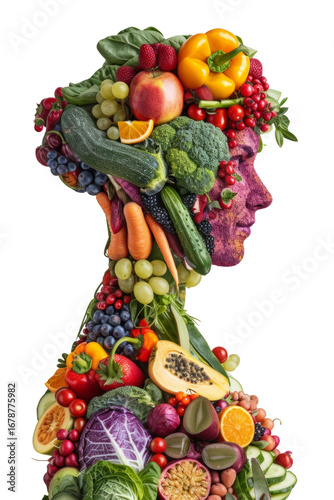 Figure of a girl made from vegetables and fruits, promotion of healthy eating, Generative AI.