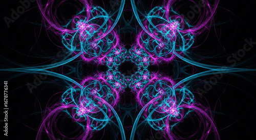 A visually stunning, symmetrical abstract image composed of glowing pink and blue light patterns