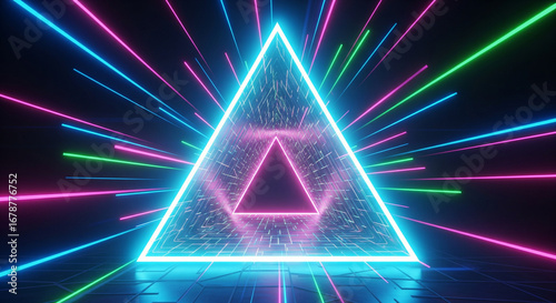  A mesmerizing, abstract representation of a glowing neon triangle. The converging lines of light create a dynamic and energetic visual, suggesting a portal or an entry point into a digital world