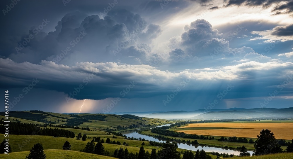 Fototapeta Dramatic storm clouds with lightning striking a rural landscape view