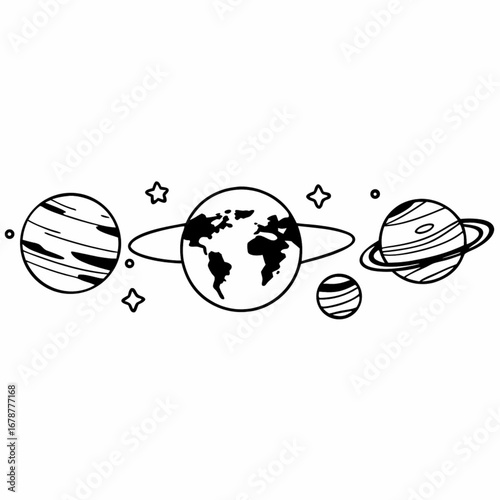 Minimilist illustration of planets and stars in a row with earth saturn and other celestial bodies in black and white vector