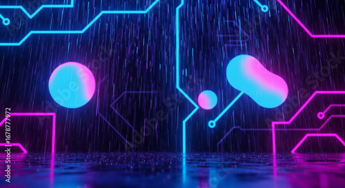 A close-up, abstract view of a futuristic circuit board adorned with glowing blue and pink orbs
