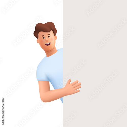 Young smiling man James peeking out from behind a blank wall or banner. Presentation, announcement, invitation or surprise concept. 3d vector people character. Cartoon minimal style.