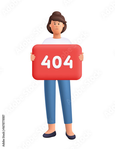 Young smiling woman Jane holding a large red banner with 404 error. Page not found, website error, missing page concept. 3d vector people character. Cartoon minimal style.
