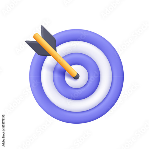 Purple and white target with arrow hitting the bullseye. Business finance target, goal of success, target achievement, precision and successful strategy. 3d vector icon. Cartoon minimal style.