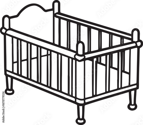 cot crib line art, coloring book page line art drawing, vector and illustration