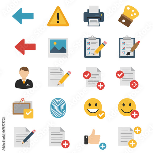 Collection of Digital Office Icons for Workflow Management and Communication