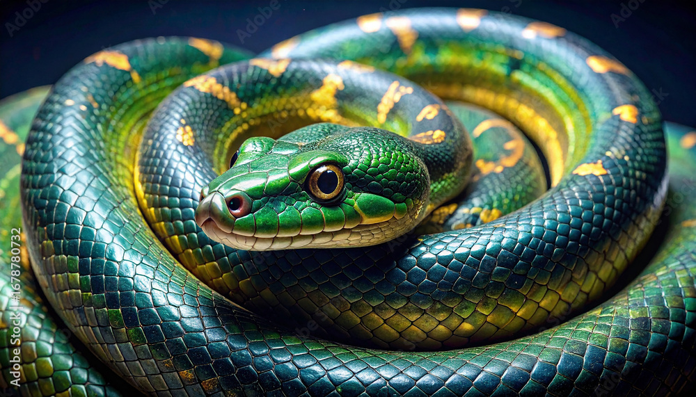 Fototapeta premium Coiled Green Snake with Iridescent Scales on Black Background