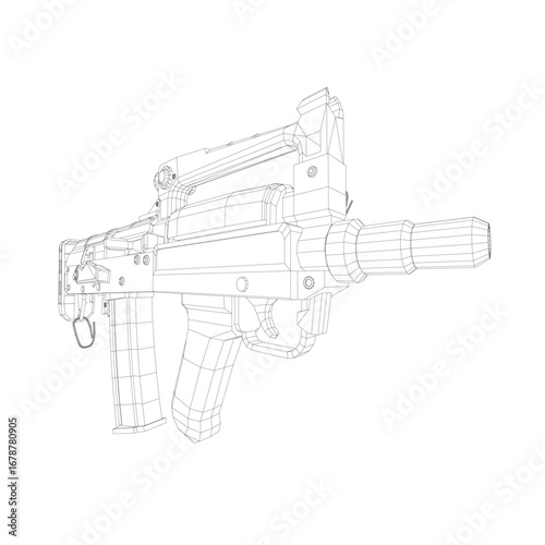 Assault rifle 3D model blueprint on white background, featuring detailed wireframe with intricate lines and realistic curves.