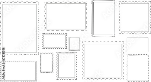Collection of clean, modern postage stamp frames with perforation edges for design