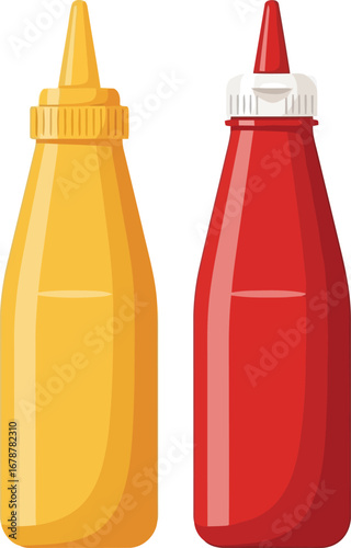 Ketchup and mustard bottles ready for fast food dining or summer bbq condiment station vector