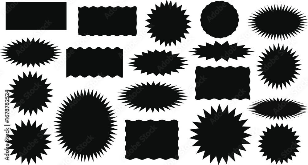 Fototapeta premium A collection of black silhouette shapes including rectangles, circles, and ovals with jagged and wavy edges, arranged in a graphic design layout.