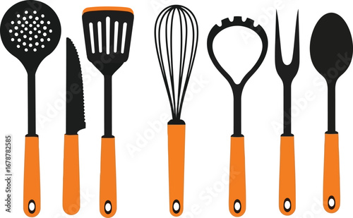 Modern orange handle kitchen utensil set professional cooking gadgets for baking and food preparation vector
